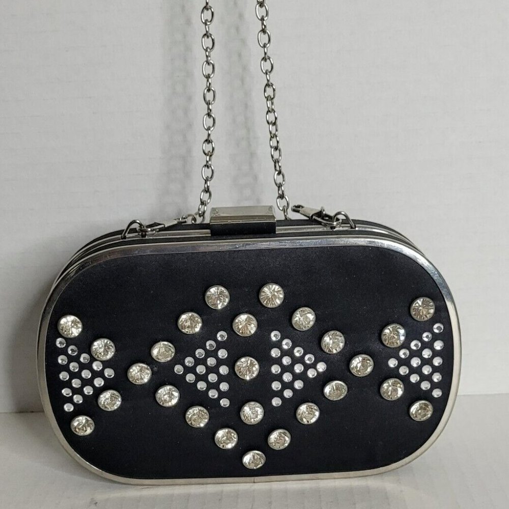 Cute CHARMING CHARLIE RSVP Black Satin Rhinestone Studded Crossbody Evening Bag